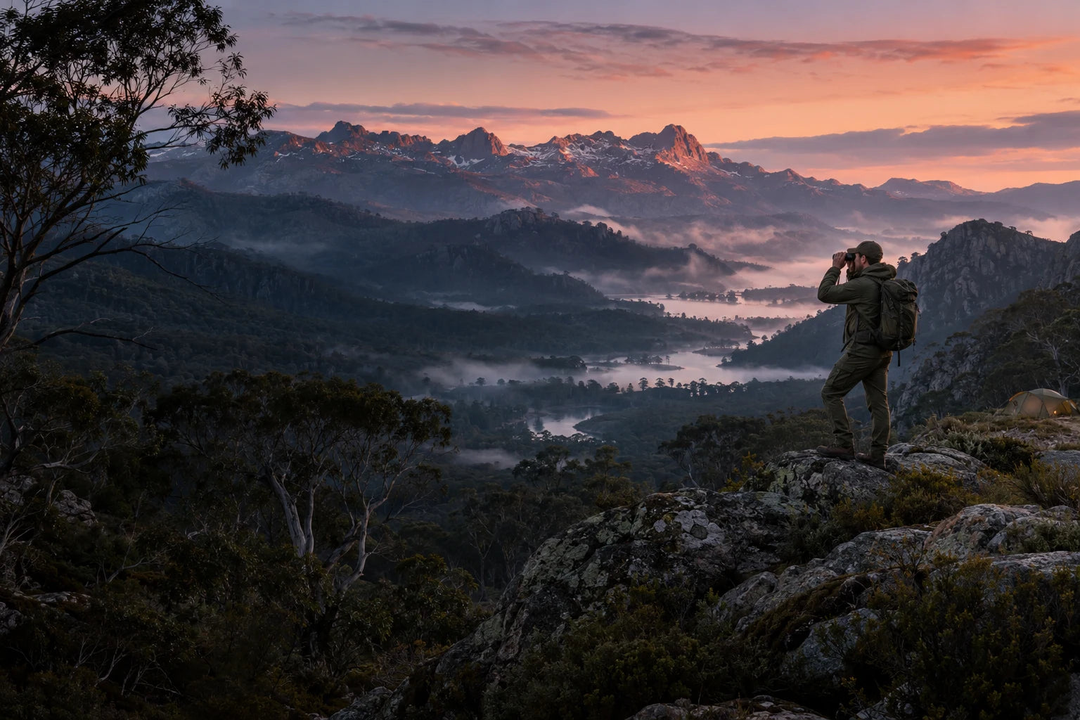 Explorer observing an expansive mountain valley at dusk