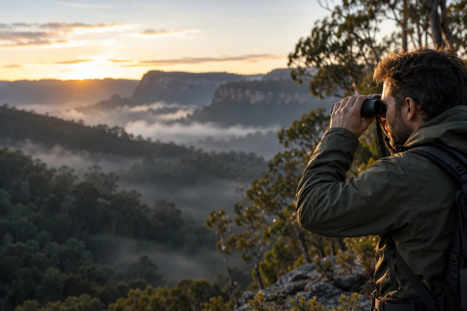 Outdoor explorer using binoculars in a misty forest
